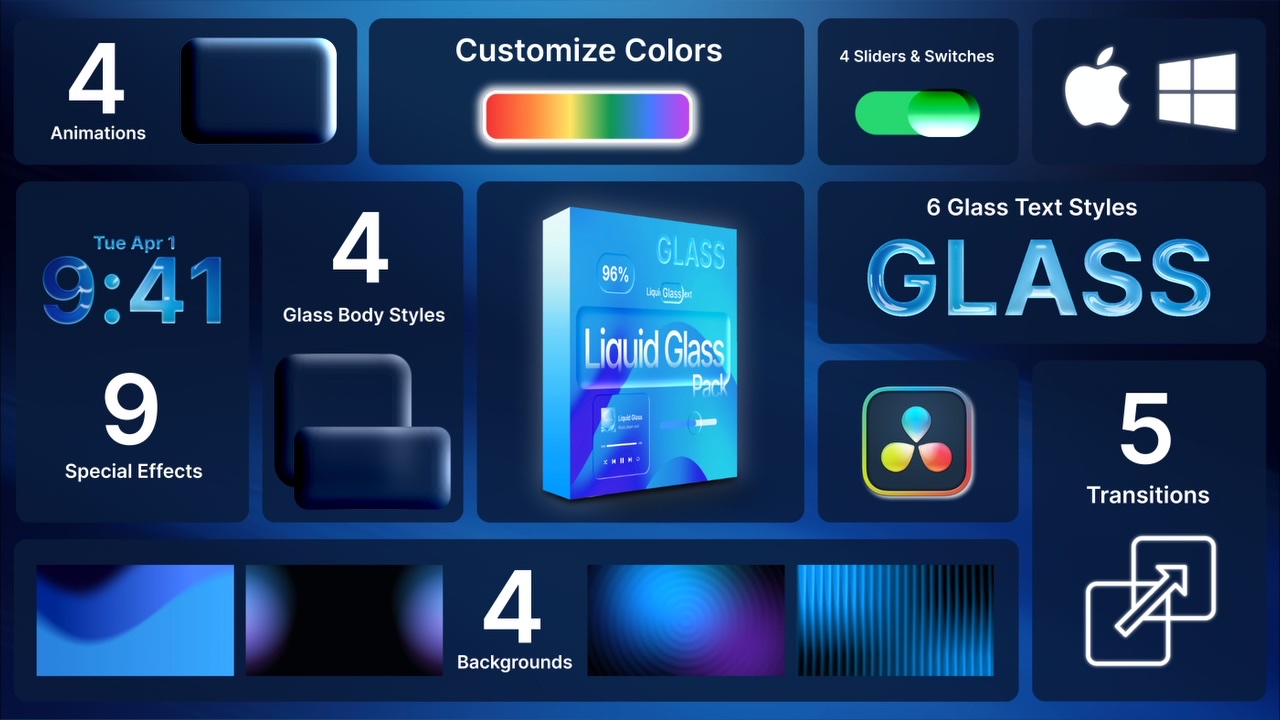 Liquid Glass Pack オールインワン機能一覧 — 25+プリセット、各カテゴリ、DaVinci Resolve / Apple / Windows 対応など